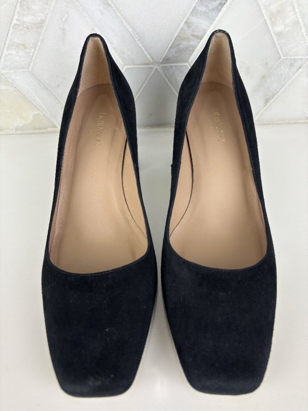 10 LK Bennett Sally Square Toe Pump Heel Court Black Leather Suede Block Heel - Picture 10 of 14